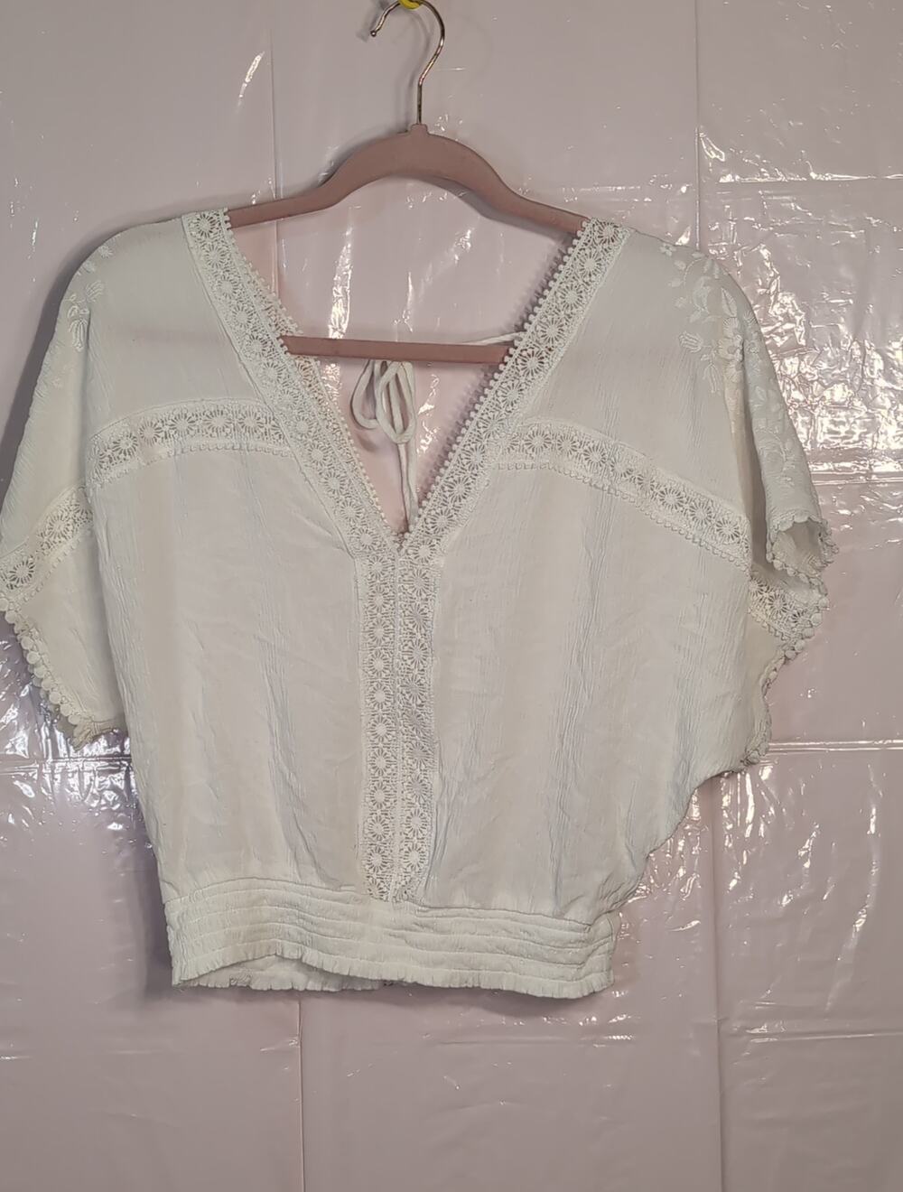 ​Cottagecore Boho White Lace & Pom Pom Top L Self Esteem Textured Blouse
